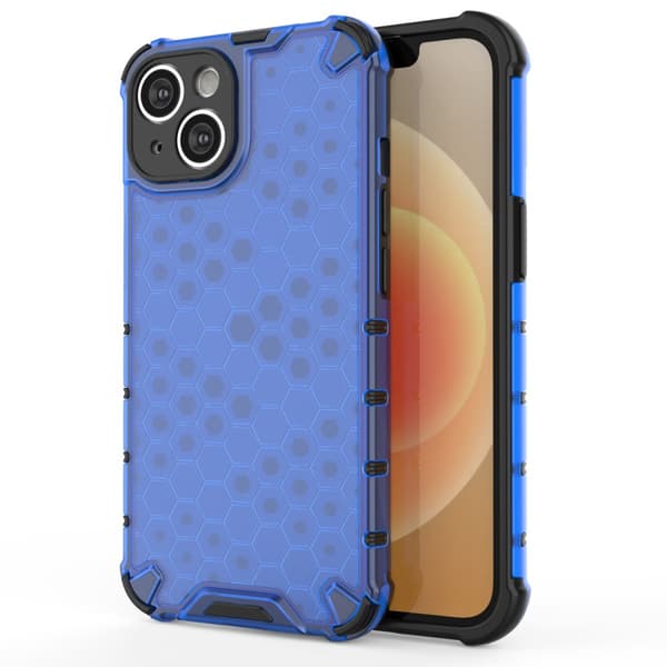 iPhone 14 Plus beskyttelsesetui, robust hybriddesign, blå honningkage mønster