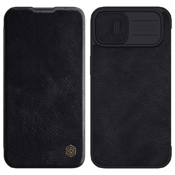 Nillkin Qin Læder Pro Taske til iPhone 14 Plus - Sort Klap Cover med Kamera Beskyttelse