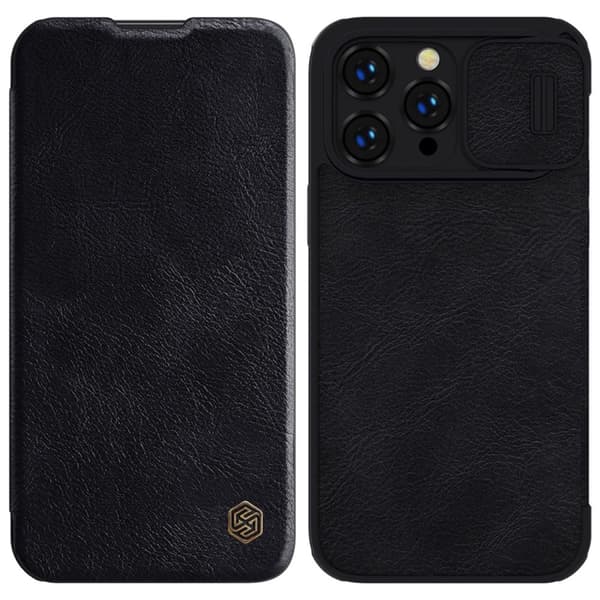 Nillkin Qin Läderfodral Pro för iPhone 14 Pro Max, kameraskydd och flikskydd, svart