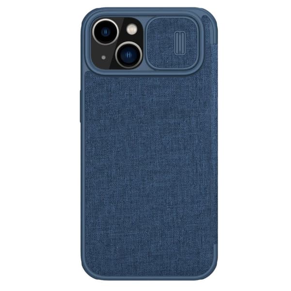Nillkin Qin Cloth Pro Cover til iPhone 14 Plus - Blåt Flip-etui med Kamerabeskytter