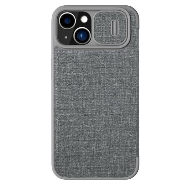 Nillkin Qin Cloth Pro Cover til iPhone 14 Plus - Gråt Flip Cover med Kamerabeskyttelse