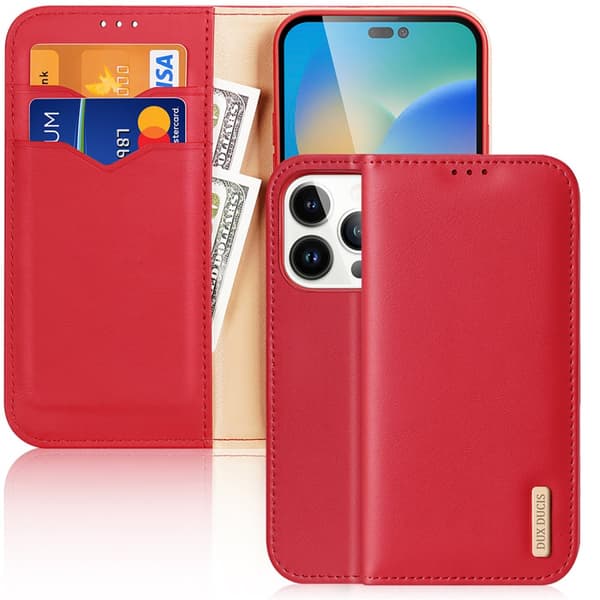 Dux Ducis Hivo Læder Flip Etui iPhone 14 Pro - Rød Naturlæder Kortholder og Dokument Opbevaring
