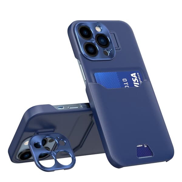Nahkainen Jalusta Kotelo iPhone 14 Pro Max: Korttipaikallinen Sininen Suojakotelo ja Tukialusta