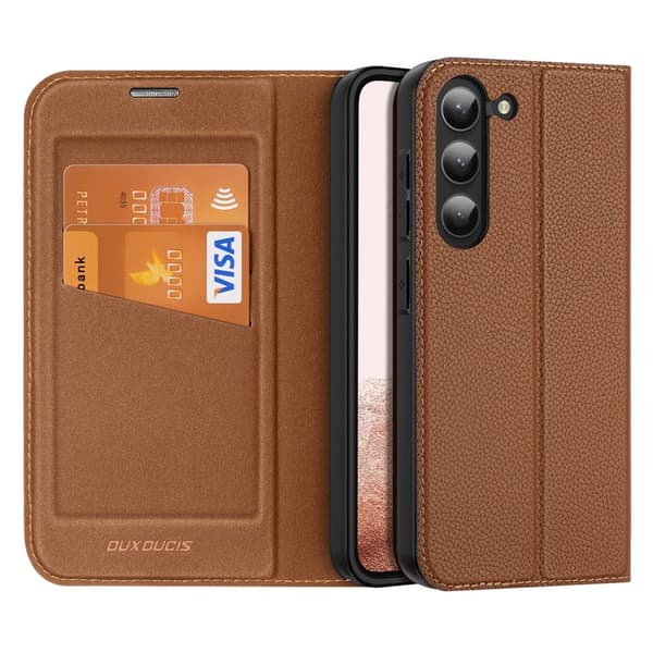 Dux Ducis Skin X2 Flip Case Samsung Galaxy S23+, Nahkakotelo, Ruskea, Korttipidike, Jalusta