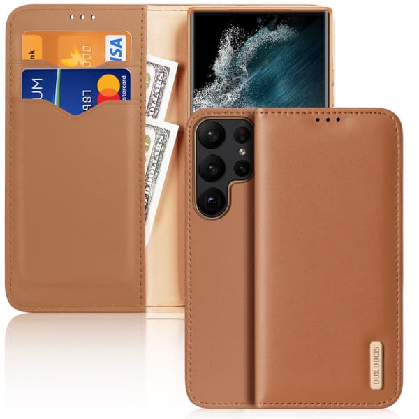 Dux Ducis Hivo taske til Samsung Galaxy S23 Ultra flip cover pung stativ RFID beskyttelse brun