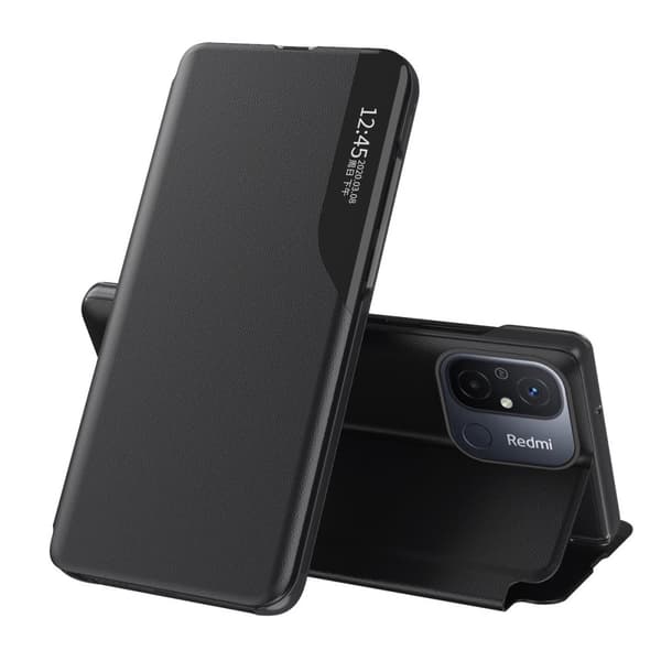 Økologisk Læder View Cover til Xiaomi Redmi 11A / Poco C55 / Redmi 12C med Klapstativ - Sort