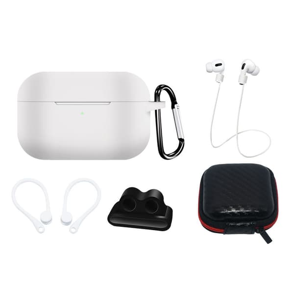 Silikonfodral AirPods Pro 1/2 Set: Fodral, Öronkrok, Halsrem, Klockbandhållare, Karbinhake - Vit