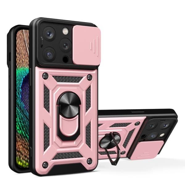 Hybrid Armor Camshield Stødsikker Etui med Kickstand & Kamera Beskyttelse til iPhone 15 Pro - Pink