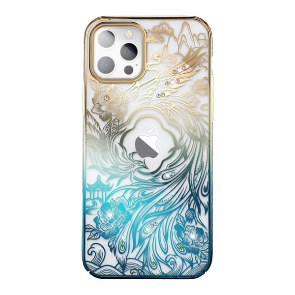 Kingxbar Phoenix luksus iPhone 14 Plus -kuori kristalleilla, kulta-sininen