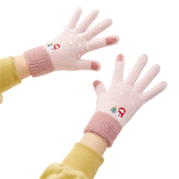Damevinterhandsker med snefnug- og juletræsdesign - pink, berøringsskærm-kompatible