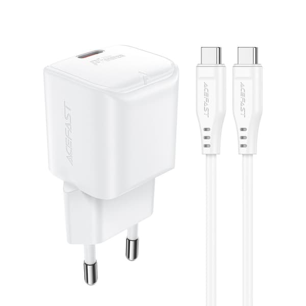 Acefast A73 Mini PD 20W GaN Verkkovirtalaturi + USB-C Kaapeli - Valkoinen