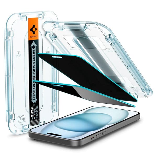 Spigen Glas.tR EzFit Privat Skærmbeskyttelse til iPhone 15/16 med Adapter (2 Pak)