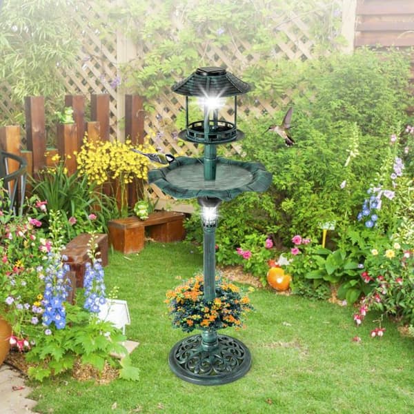 Fuglebad og Fodringsstation i ét, Antik Lighted med 2 solcelledrevne lamper, 43x110 cm, Bronze