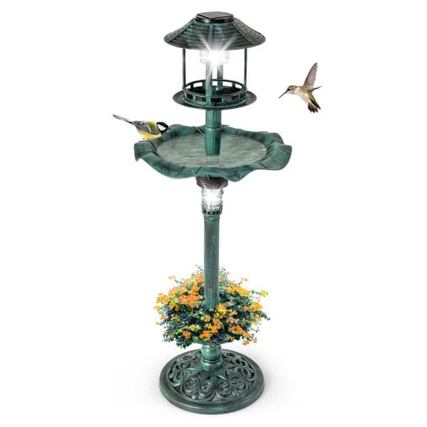 Fuglebad og Fodringsstation i ét, Antik Lighted med 2 solcelledrevne lamper, 43x110 cm, Bronze