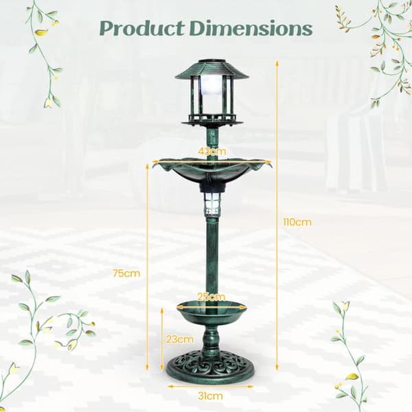Fuglebad og Fodringsstation i ét, Antik Lighted med 2 solcelledrevne lamper, 43x110 cm, Bronze