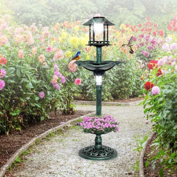 Fuglebad og Fodringsstation i ét, Antik Lighted med 2 solcelledrevne lamper, 43x110 cm, Bronze