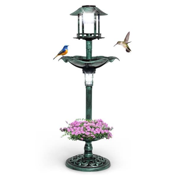 Fuglebad og Fodringsstation i ét, Antik Lighted med 2 solcelledrevne lamper, 43x110 cm, Bronze