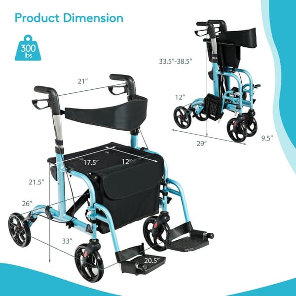 Rollator Walker, 24x40,5x33,5-38,5 tum, Blå