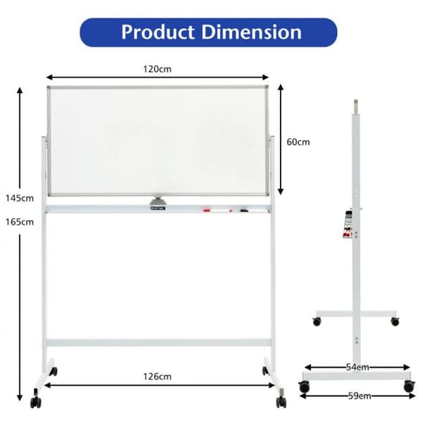 Dobbeltsidet Magnetisk Mobil Whiteboard, 120x60 cm, Hvid