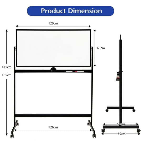 Dobbeltsidet Magnetisk Mobil Whiteboard, 120x60 cm, Sort