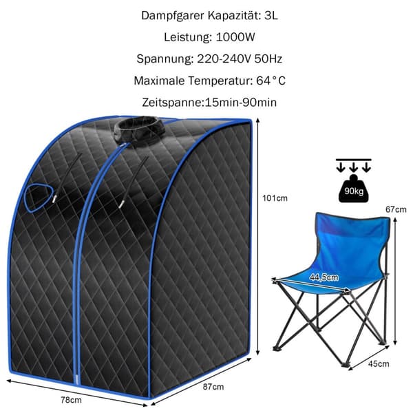 Dampsauna, 78x87x101 cm, Sort