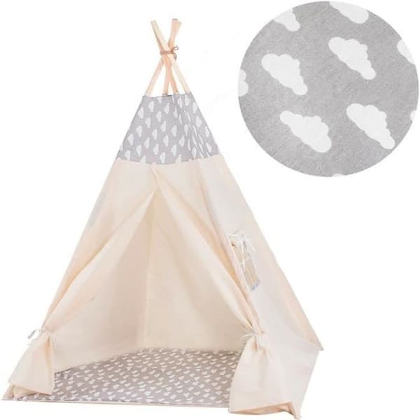 SPRINGOS® barntält i bomull - 160x120x100 cm - moln/grå