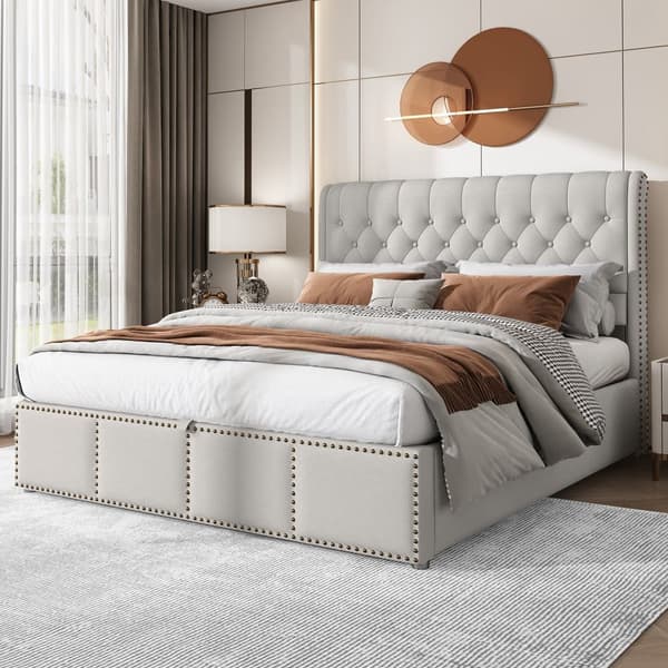 Linned Box Bed med elastikbund - 140x200cm - Lysegrå