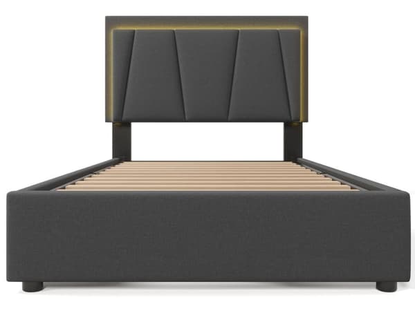 Polstret seng med LED-belysning og 4 skuffer, opbevaringsseng Sengeramme, lamelramme i træ, beige (uden madras)