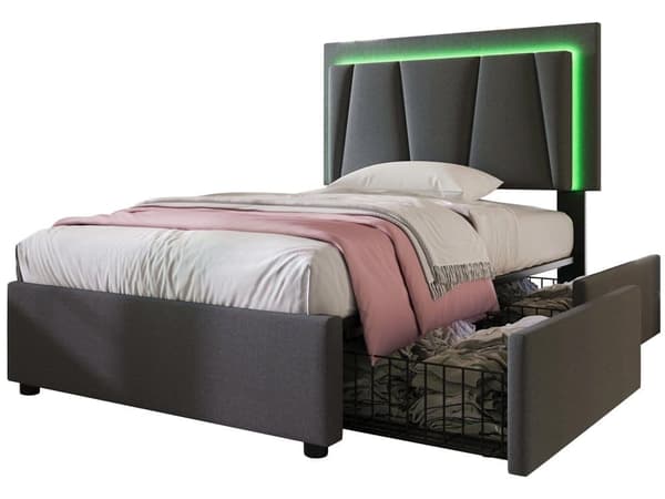 Polstret seng med LED-belysning og 4 skuffer, opbevaringsseng Sengeramme, lamelramme i træ, beige (uden madras)