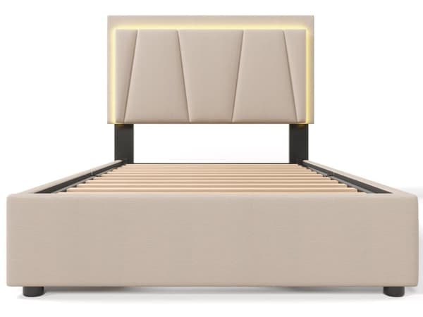 Polstret seng med LED-belysning og 4 skuffer, opbevaringsseng Sengeramme, lamelramme i træ, beige (uden madras)