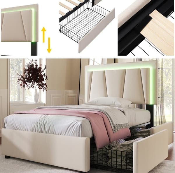 Polstret seng med LED-belysning og 4 skuffer, opbevaringsseng Sengeramme, lamelramme i træ, beige (uden madras)
