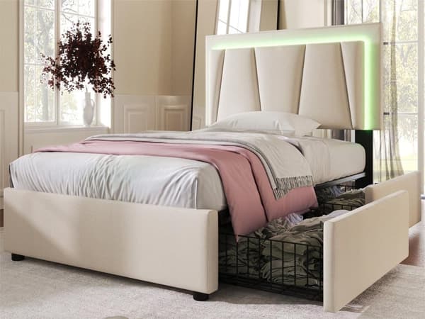 Polstret seng med LED-belysning og 4 skuffer, opbevaringsseng Sengeramme, lamelramme i træ, beige (uden madras)
