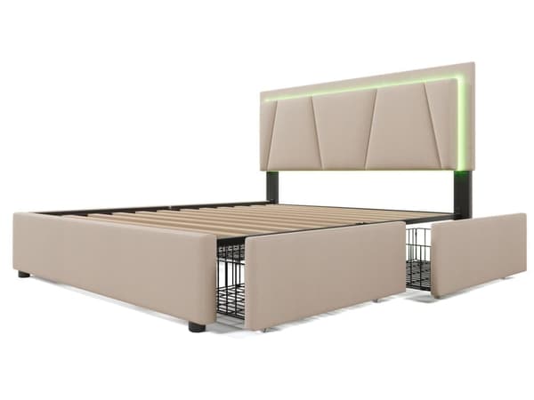Pehmustettu sänky LED-valaistuksella ja 4 laatikolla, säilytyssänky Sängyn runko, puinen sälerunko, beige (ilman patjaa)