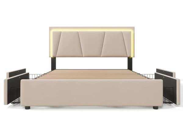 Pehmustettu sänky LED-valaistuksella ja 4 laatikolla, säilytyssänky Sängyn runko, puinen sälerunko, beige (ilman patjaa)