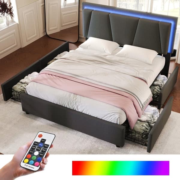 Polstret seng med LED-belysning og 4 skuffer, opbevaringsseng Sengeramme, lamelramme i træ, beige (uden madras)