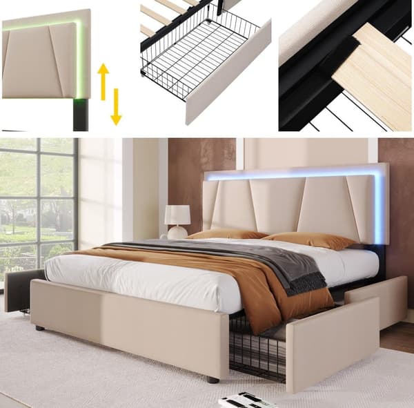Polstret seng med LED-belysning og 4 skuffer, opbevaringsseng Sengeramme, lamelramme i træ, beige (uden madras)