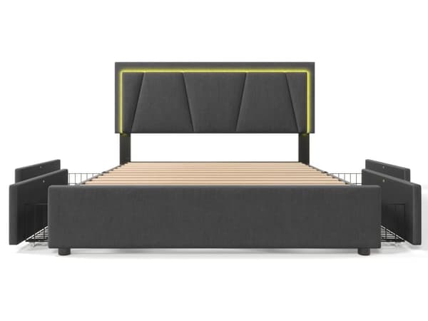 Polstret seng med LED-belysning og 4 skuffer, opbevaringsseng Sengeramme, lamelramme i træ, beige (uden madras)