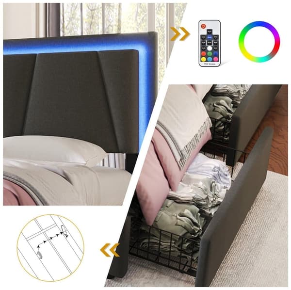 Polstret seng med LED-belysning og 4 skuffer, opbevaringsseng Sengeramme, lamelramme i træ, beige (uden madras)