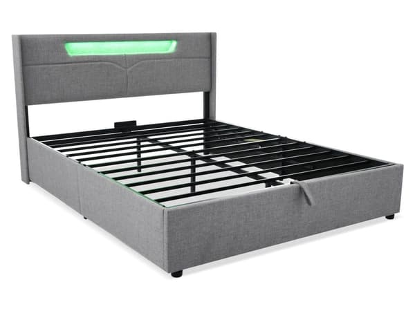 Möblerad säng LED dubbelsäng med laddningsfunktion USB typ C och LED-belysning, förvaringssängar, ungdomssäng med lamellram (utan madrass)