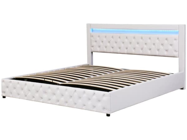 Möblerad säng, funktionell säng med lamellram och förvaringsutrymme, med LED-belysning, med förvaringsfunktion