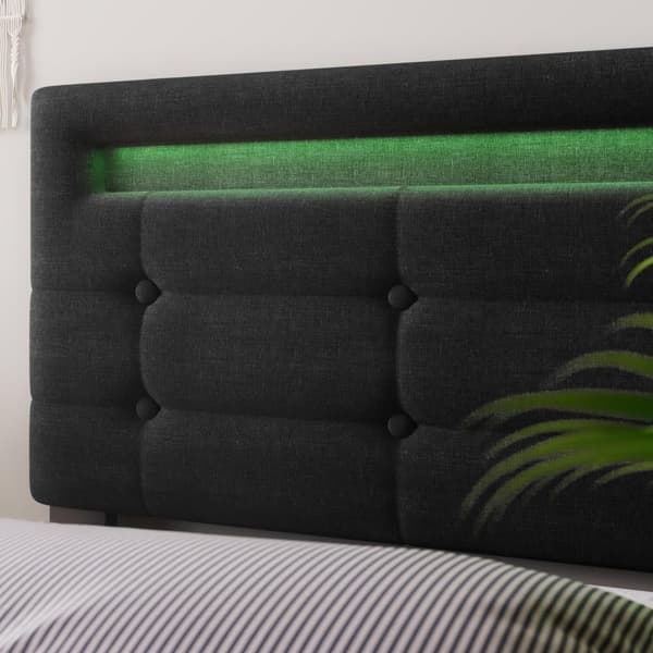 LED-belysning och 4 lådor, dubbelsäng med höj- och sänkbar sänggavel (utan madrass)