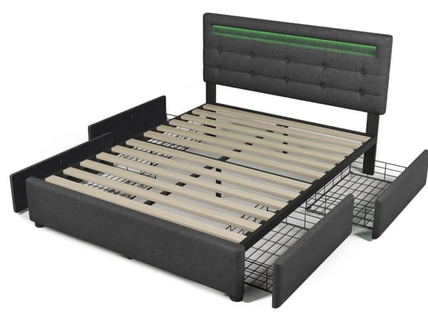 LED-belysning och 4 lådor, dubbelsäng med höj- och sänkbar sänggavel (utan madrass)