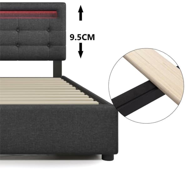 LED-belysning och 4 lådor, dubbelsäng med höj- och sänkbar sänggavel (utan madrass)