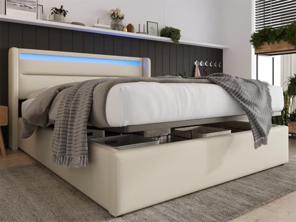 Hydraulisk förvaringssäng Dubbelsäng Sängram Stoppad säng Funktionssäng (med fjärrkontroll) Beige 160x200cm