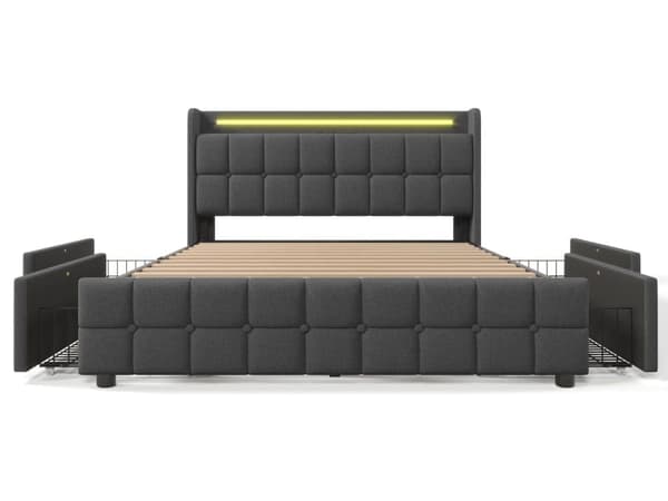 LED-belysning och 4 lådor, dubbelsäng Förvaringssängar Sängram, trälamell (utan madrass)