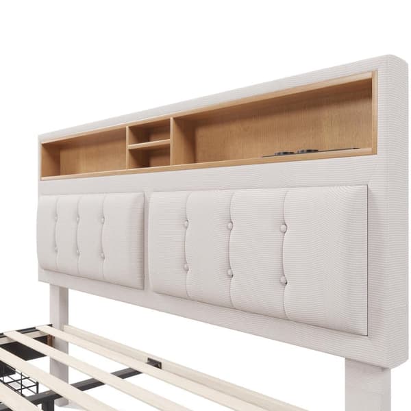 Dobbeltseng med 4 skuffer & USB C stik, polstret seng 160x200cm, trælameller (uden madras)