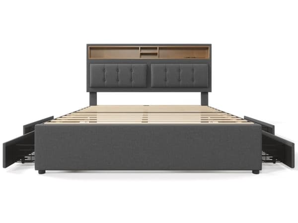 Parivuode, jossa 4 laatikkoa & USB C -liitäntä, pehmustettu sänky 160x200cm, puiset säleet (ilman patjaa)