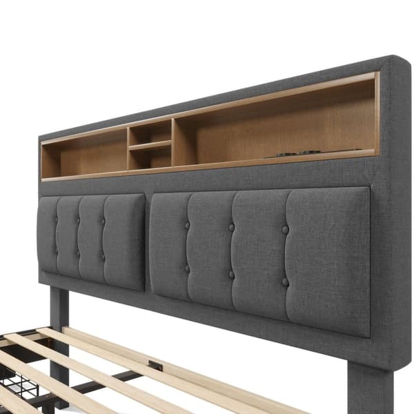 Dobbeltseng med 4 skuffer & USB C stik, polstret seng 160x200cm, trælameller (uden madras)