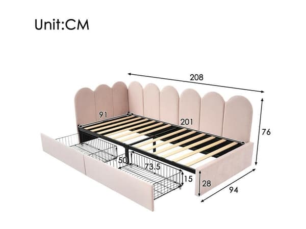 Enkeltseng med opbevaring, seng, fløjl, daybed, daybed, sovesofa med fjeder, ungdomsseng og voksenseng (uden madras)