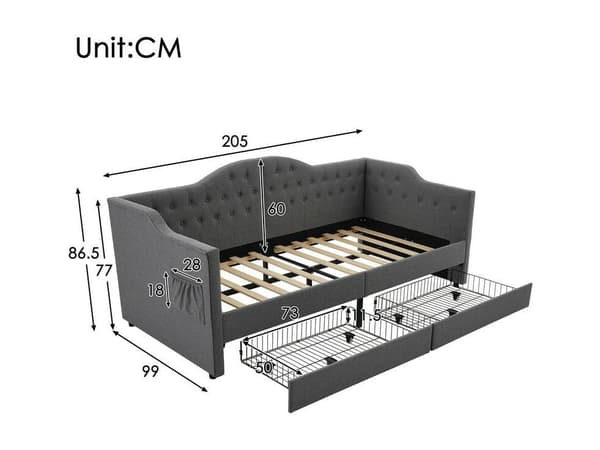 Stoppad säng Dagbädd Bäddsoffa Förvaringssäng Sängram med laddningsfunktion USB typ C och 2 lådor (utan madrass)